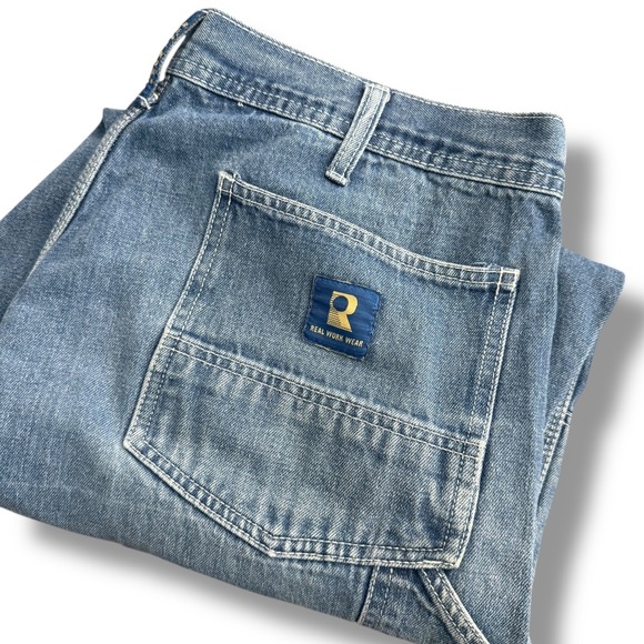 R REAL WORK WEAR Other - REAL WORK WEAR Mens Blue Denim Carpenter Pants Relaxed Fit Size 36x28 DISTRESSED